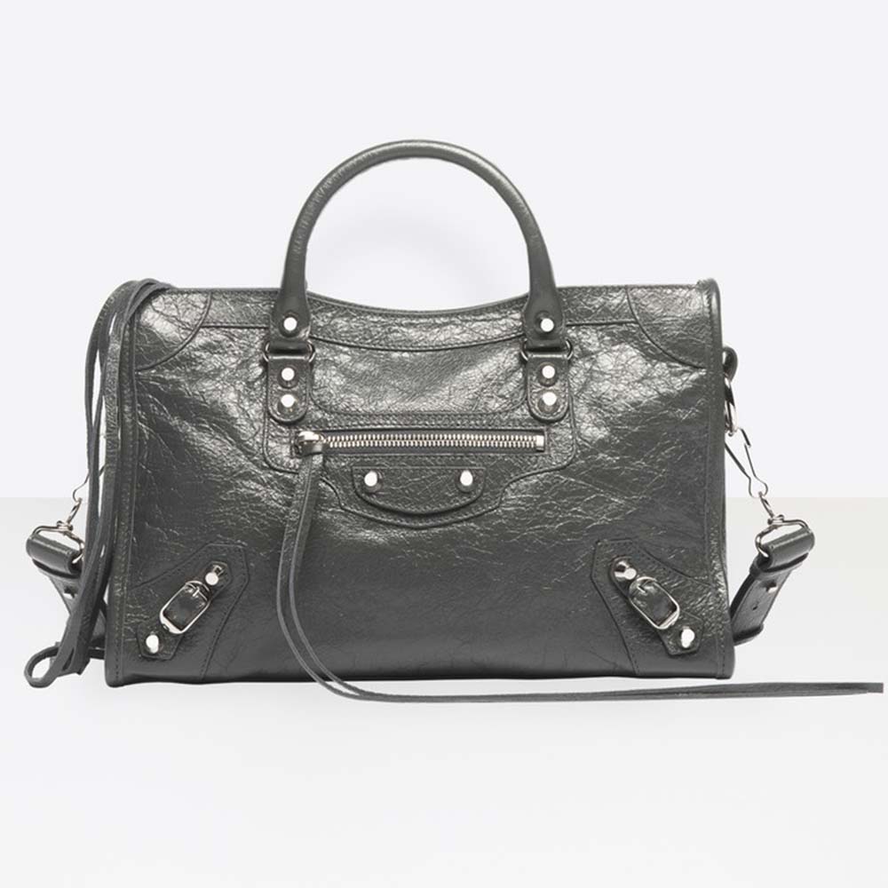 Front view of Balenciaga Women Classic Silver City Medium Size Lambskin Bag in dark green