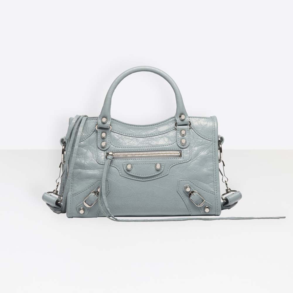 Front view of Balenciaga Women Classic Silver Mini City Bag-Aqua showing silver hardware