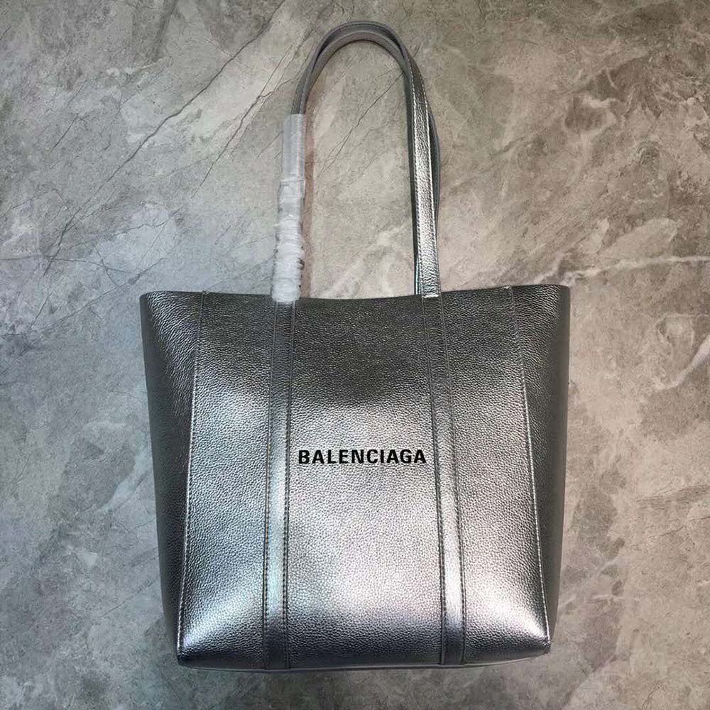 Close-up of metallic silver leather texture on Balenciaga Everyday Tote XXS