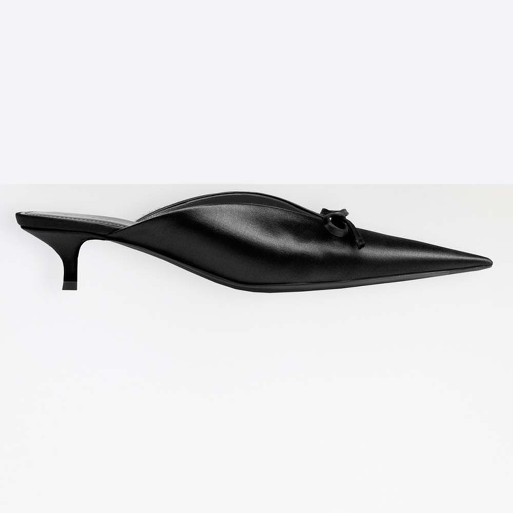 Side view of Balenciaga Women Knife Mules Pointed Toe Satin Mules-Black