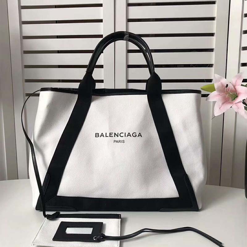 Close-up of silver hardware and white calfskin trim on Balenciaga tote