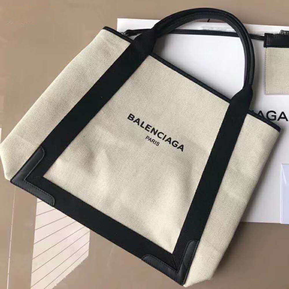 Close-up of silver-tone hardware on Balenciaga Women Navy Cabas M bag