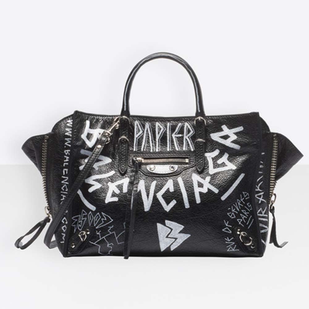 Front view of Balenciaga Women Papier A6 Zip Around Graffiti Crossbody Graffiti Print
