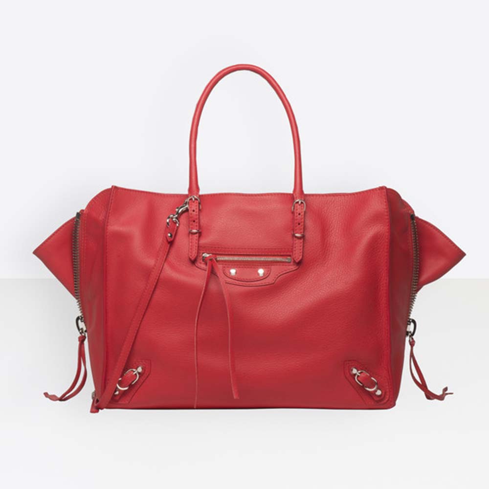Front view of Balenciaga Women Papier B4 Zip Around Cross Body Horizontal Tote in red leather