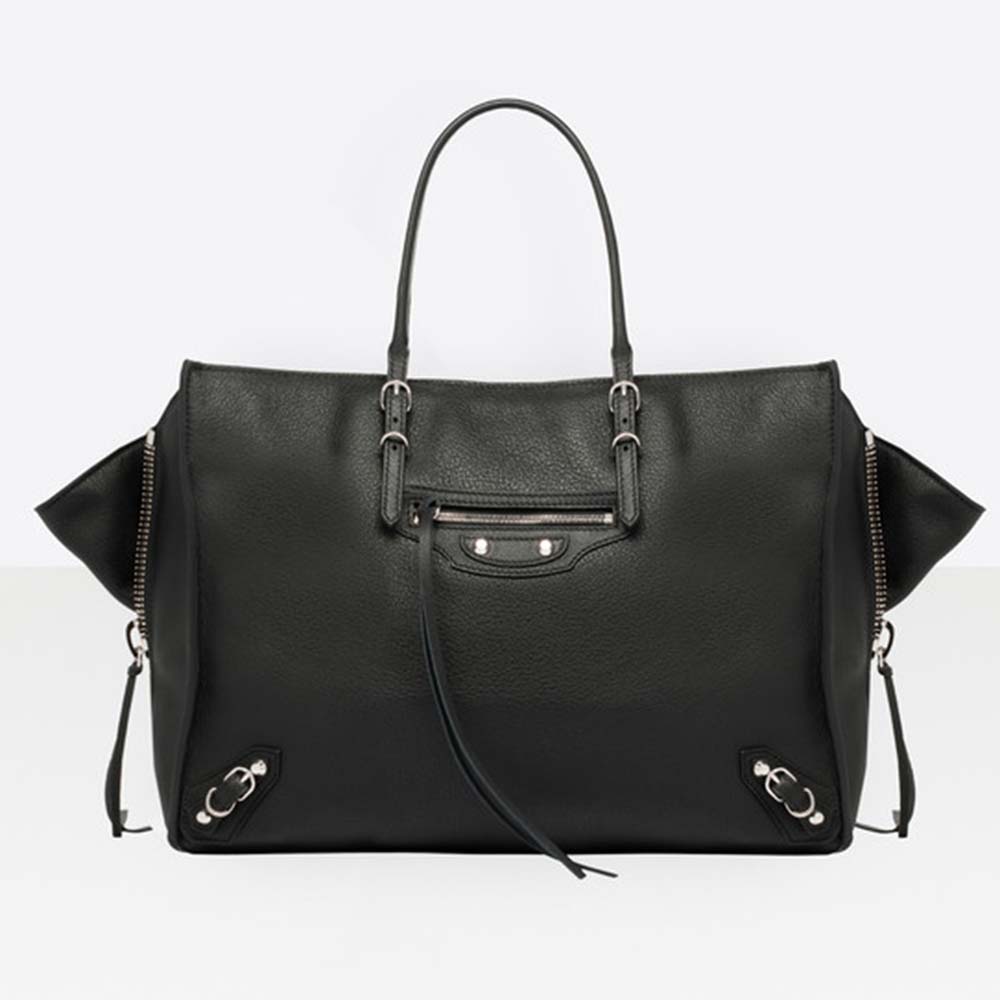 Front view of Balenciaga Women Papier B4 Zip Around Cross Body Horizontal Tote-Black