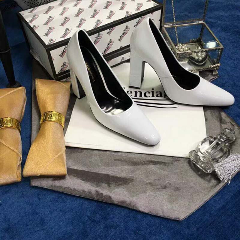 Balenciaga Women Shoes Round Toe Glazed Calfskin Pumps 110mm Heel-White - image 4