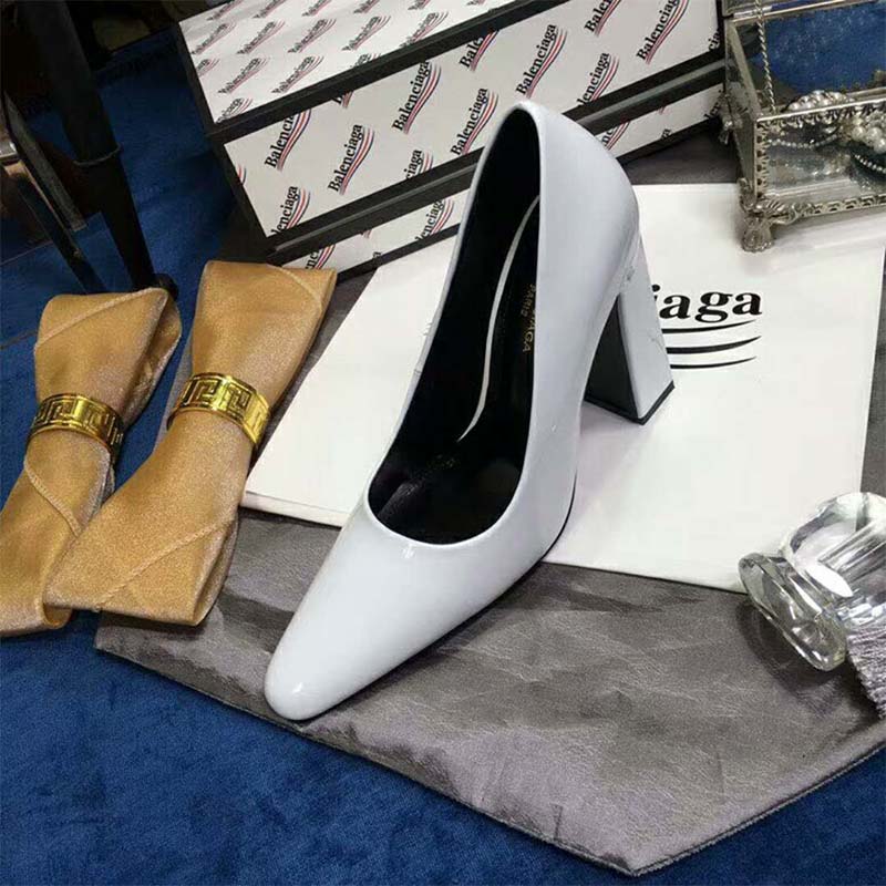 Balenciaga Women Shoes Round Toe Glazed Calfskin Pumps 110mm Heel-White - image 6