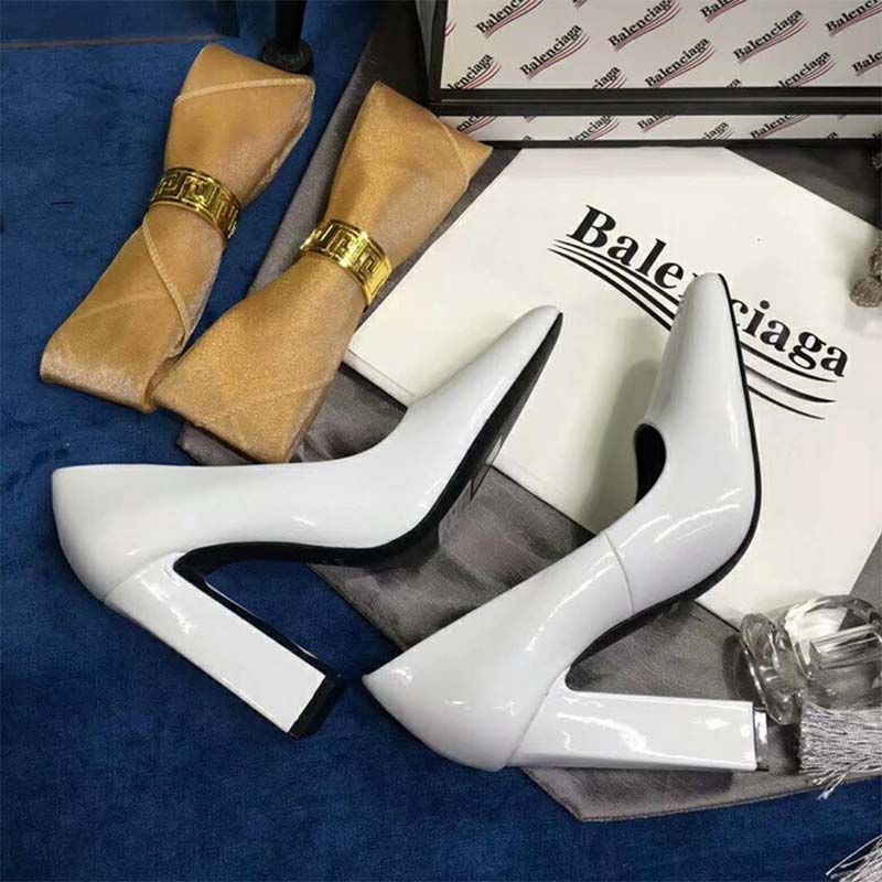 Balenciaga Women Shoes Round Toe Glazed Calfskin Pumps 110mm Heel-White - image 5