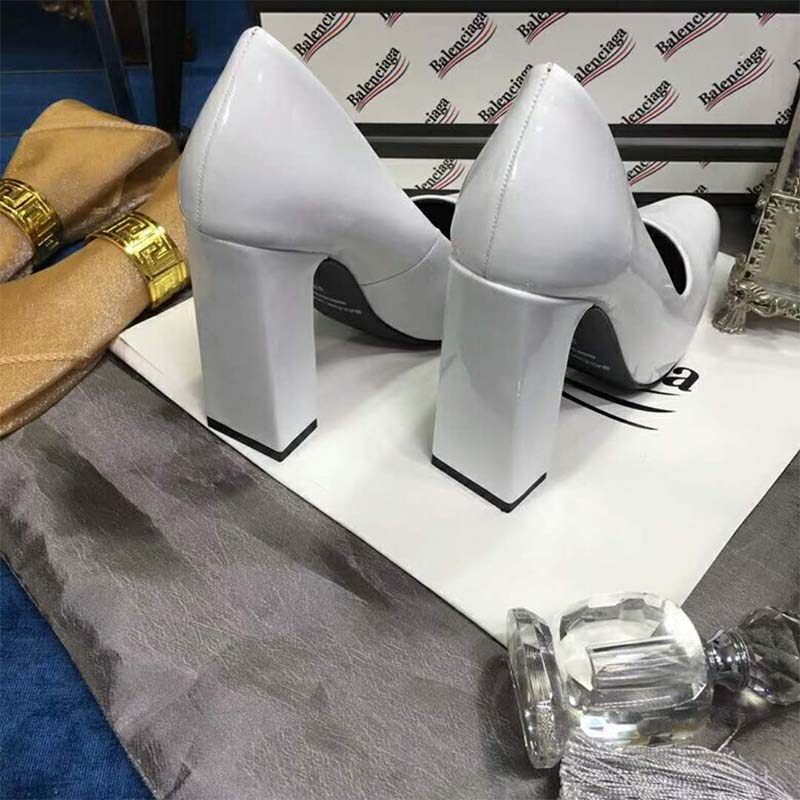 Balenciaga Women Shoes Round Toe Glazed Calfskin Pumps 110mm Heel-White - image 7