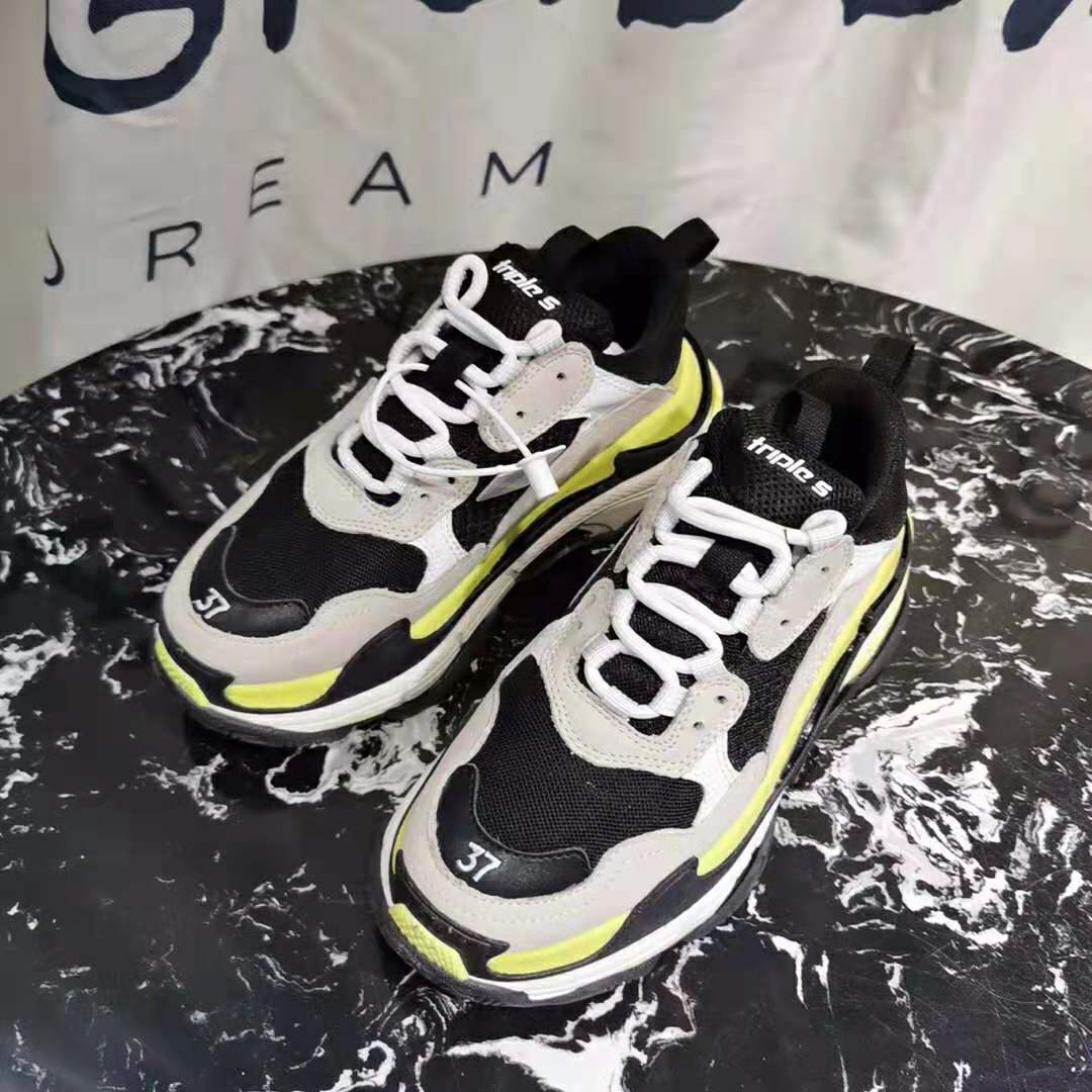 Triple-stacked sole detail of Balenciaga Women Shoes Triple S Grey Neon Yellow White Leather