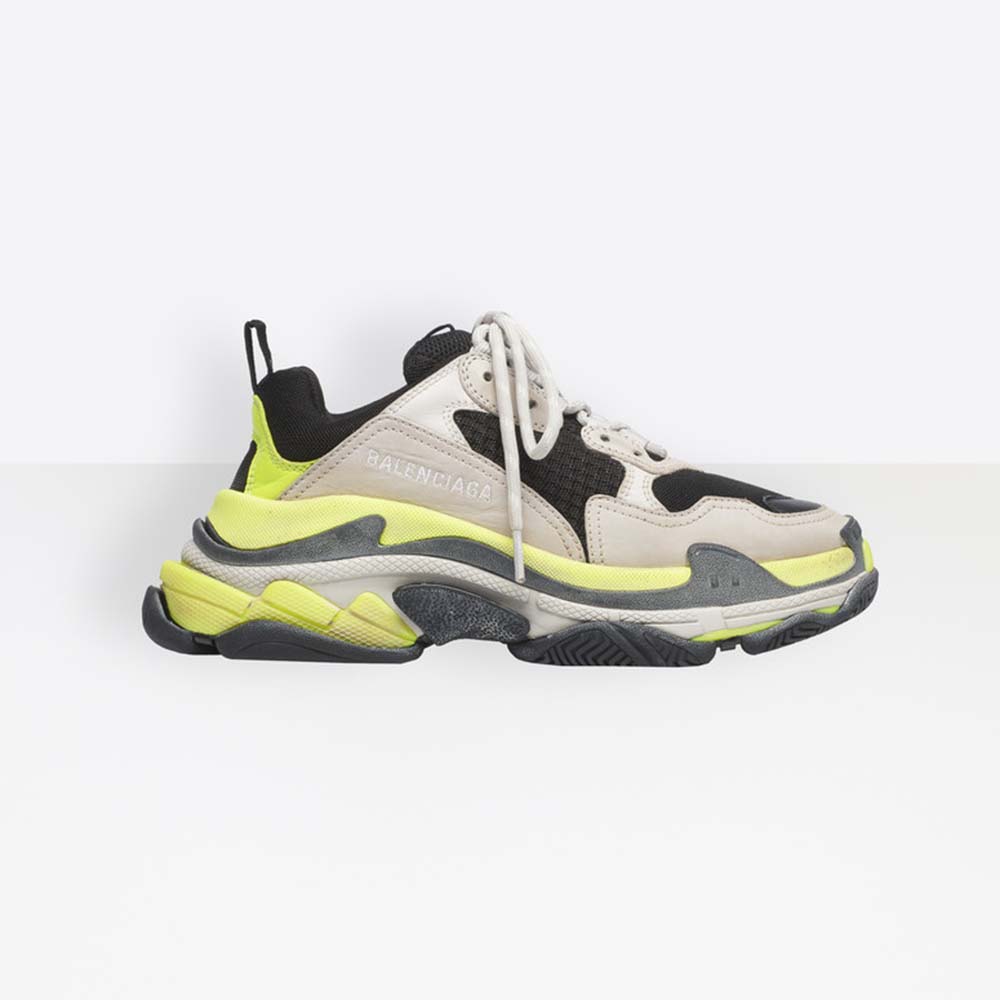Side profile of Balenciaga Women Shoes Triple S Grey Neon Yellow White Leather