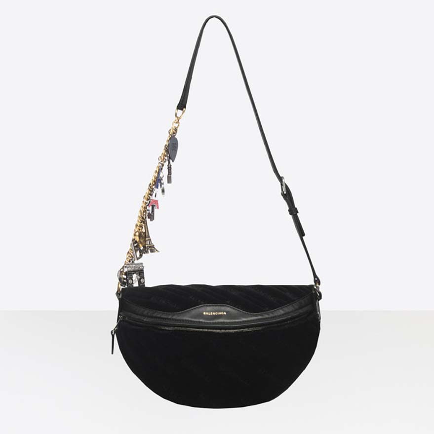 Front view of Balenciaga Women Souvenir Bag XS Velvet Jacquard Logo Belt Bag in black