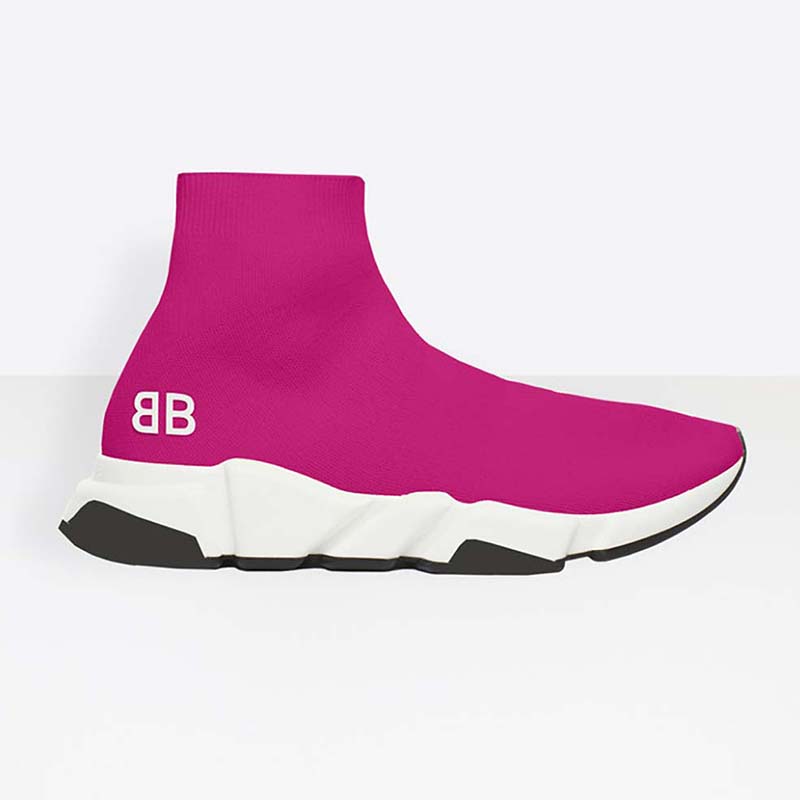 Side view of Balenciaga Women Speed Trainers Shoes Rose showing knit texture