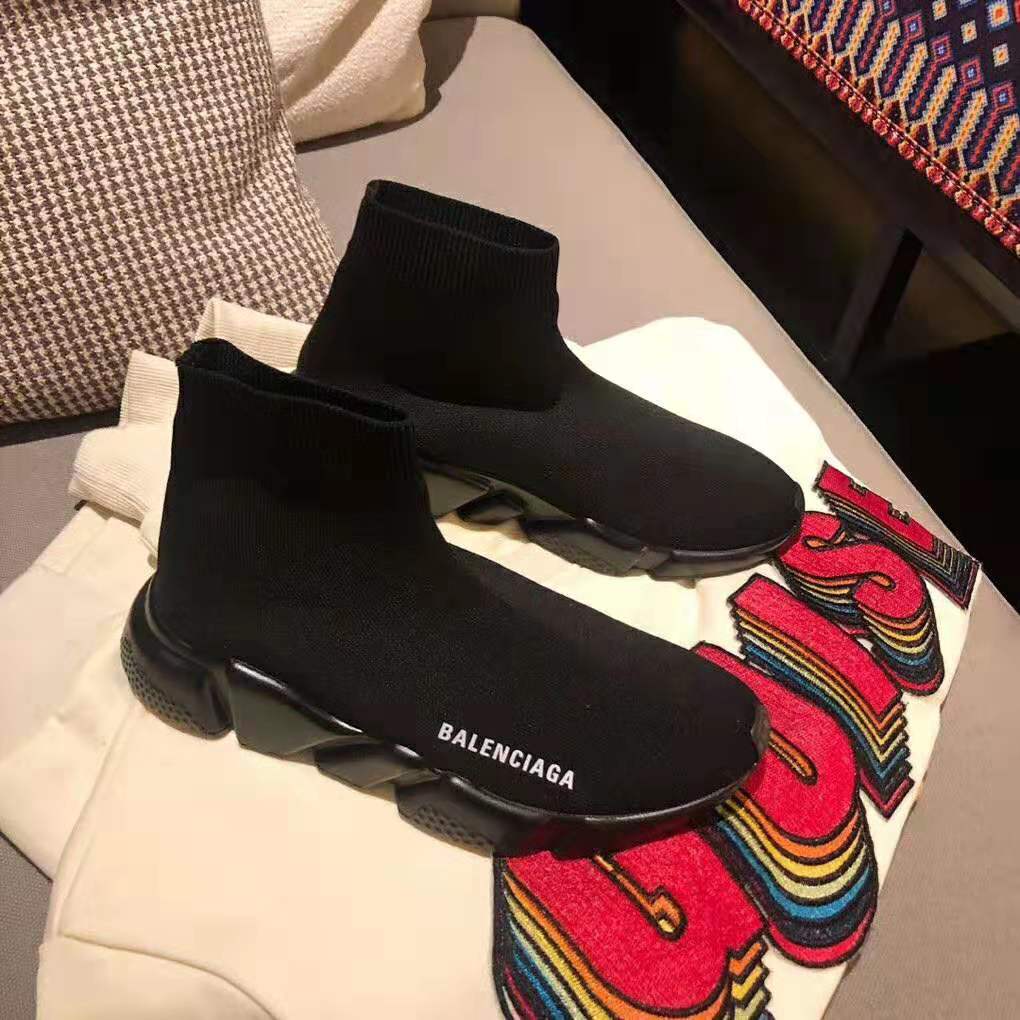 Close-up of black stretch-knit upper on Balenciaga Women Speed Trainers