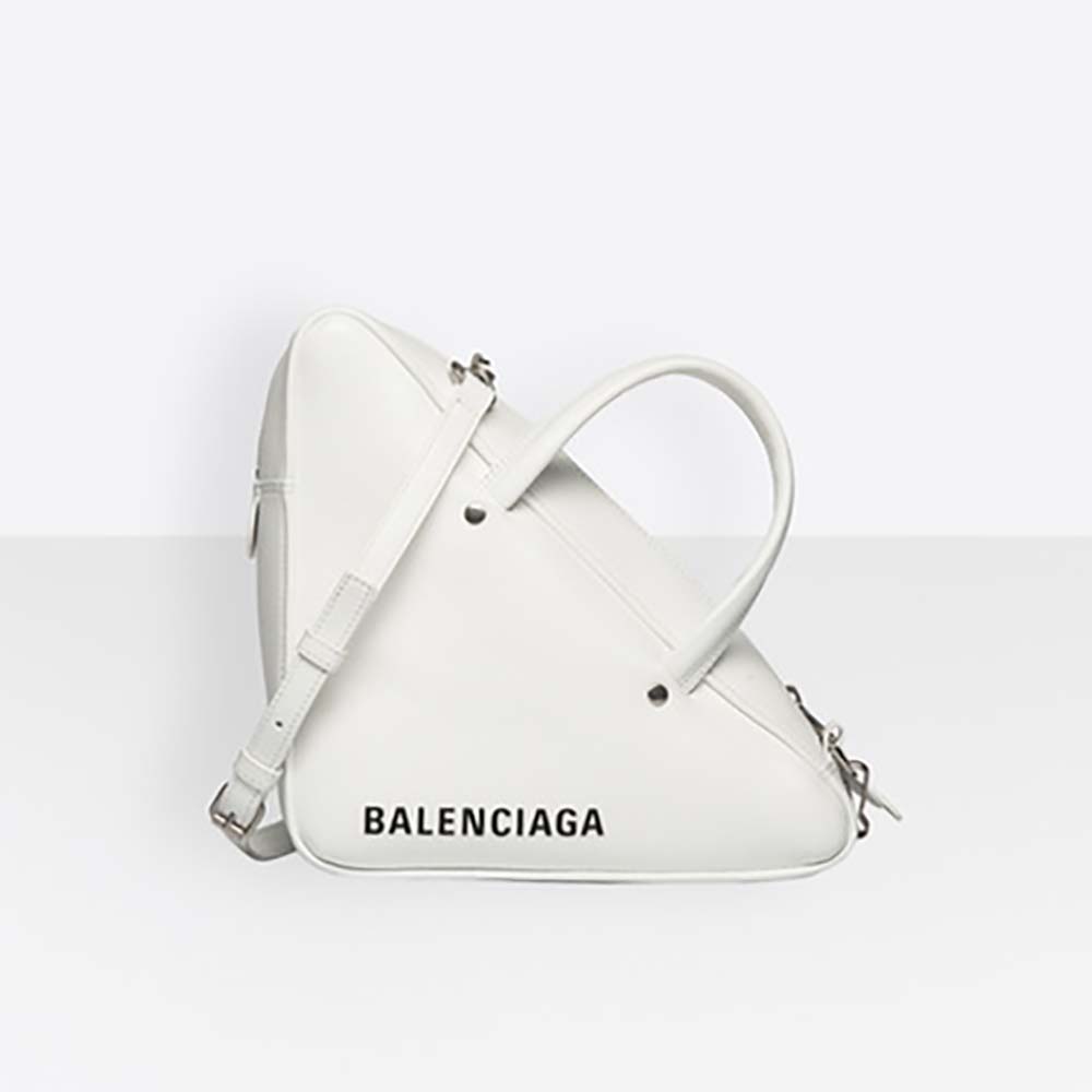Front view of Balenciaga Women Triangle Duffle S white calfskin bag