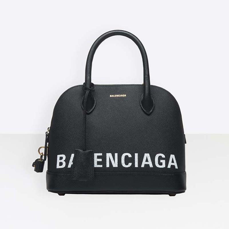 Front view of Balenciaga Women Ville Top Handle S Bag in black grained calfskin