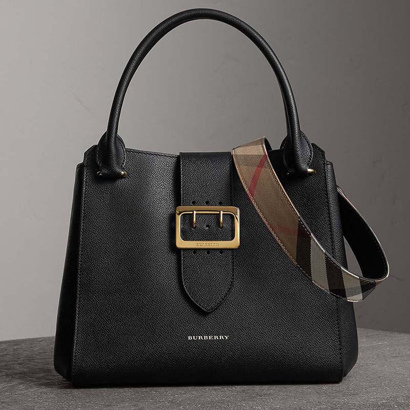 Front view of Burberry Medium Buckle Tote in Grainy Leather-Black