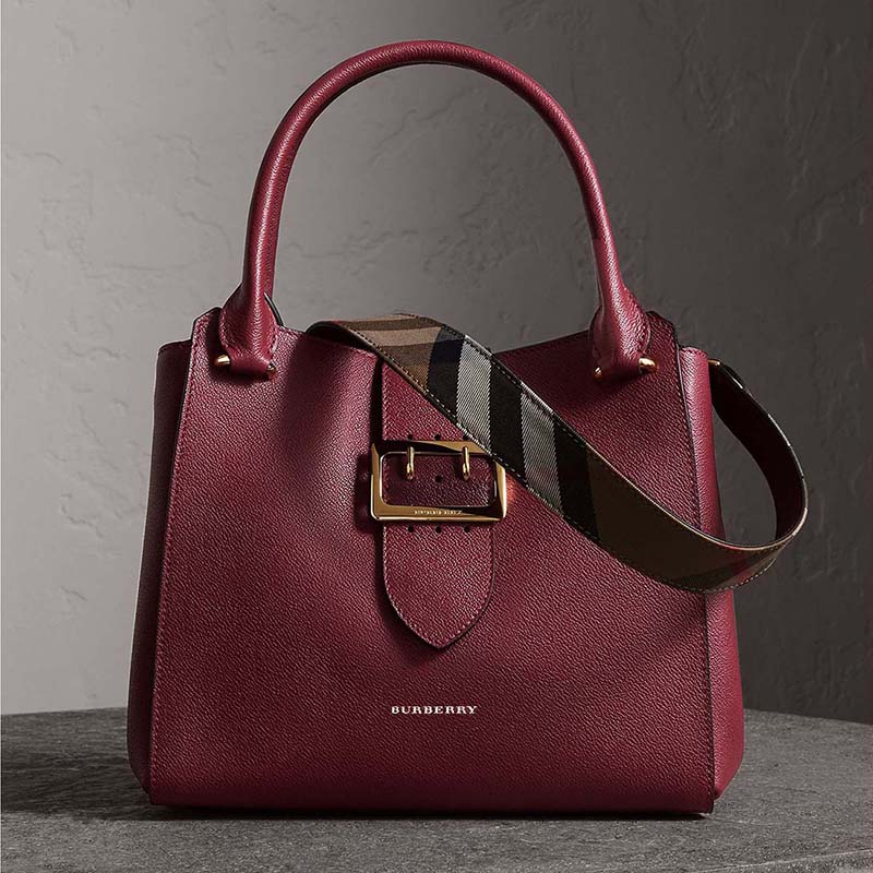 Front view of Burberry Medium Buckle Tote in Grainy Leather-Maroon