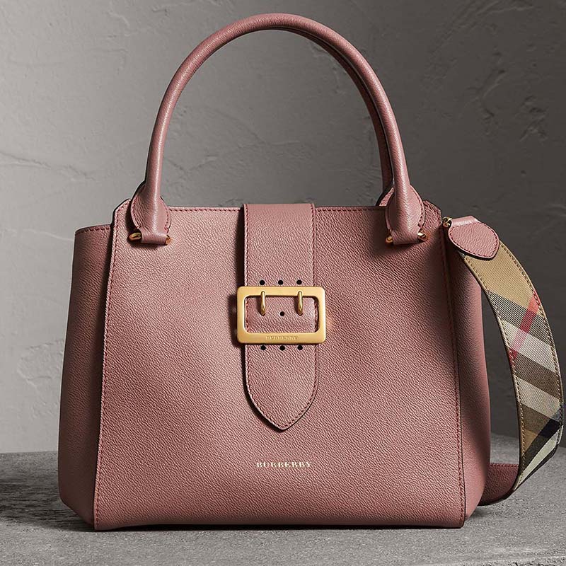 Front view of Burberry Medium Buckle Tote in Grainy Leather-Pink