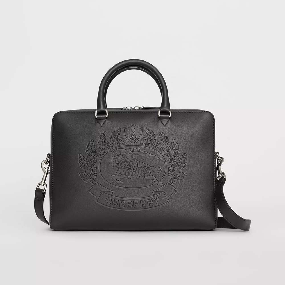 Front view of Burberry Men Embossed Crest Leather Briefcase-Black showing embossed crest