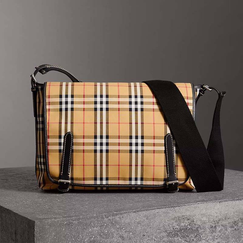 Front view of Burberry Men Large Leather Trim Vintage Check Messenger Bag