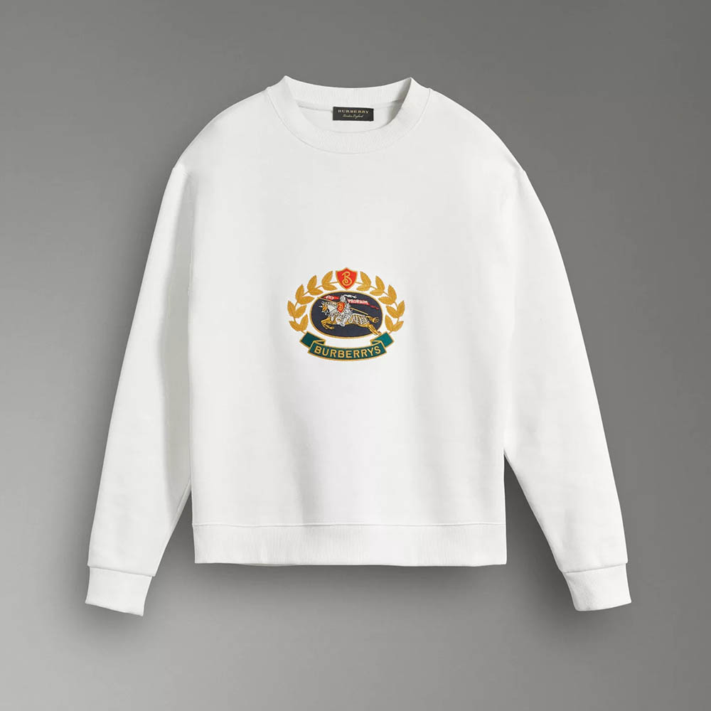 Front view of Burberry Women Reissued Jersey Sweatshirt-White on model