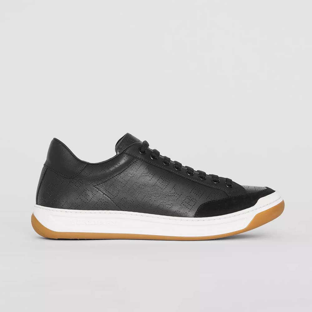 Side view of Burberry Men Shoes Logo Print Leather Sneakers-Black