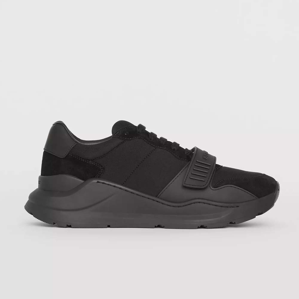 Side profile of Burberry Men Suede Neoprene and Leather Sneakers-Black