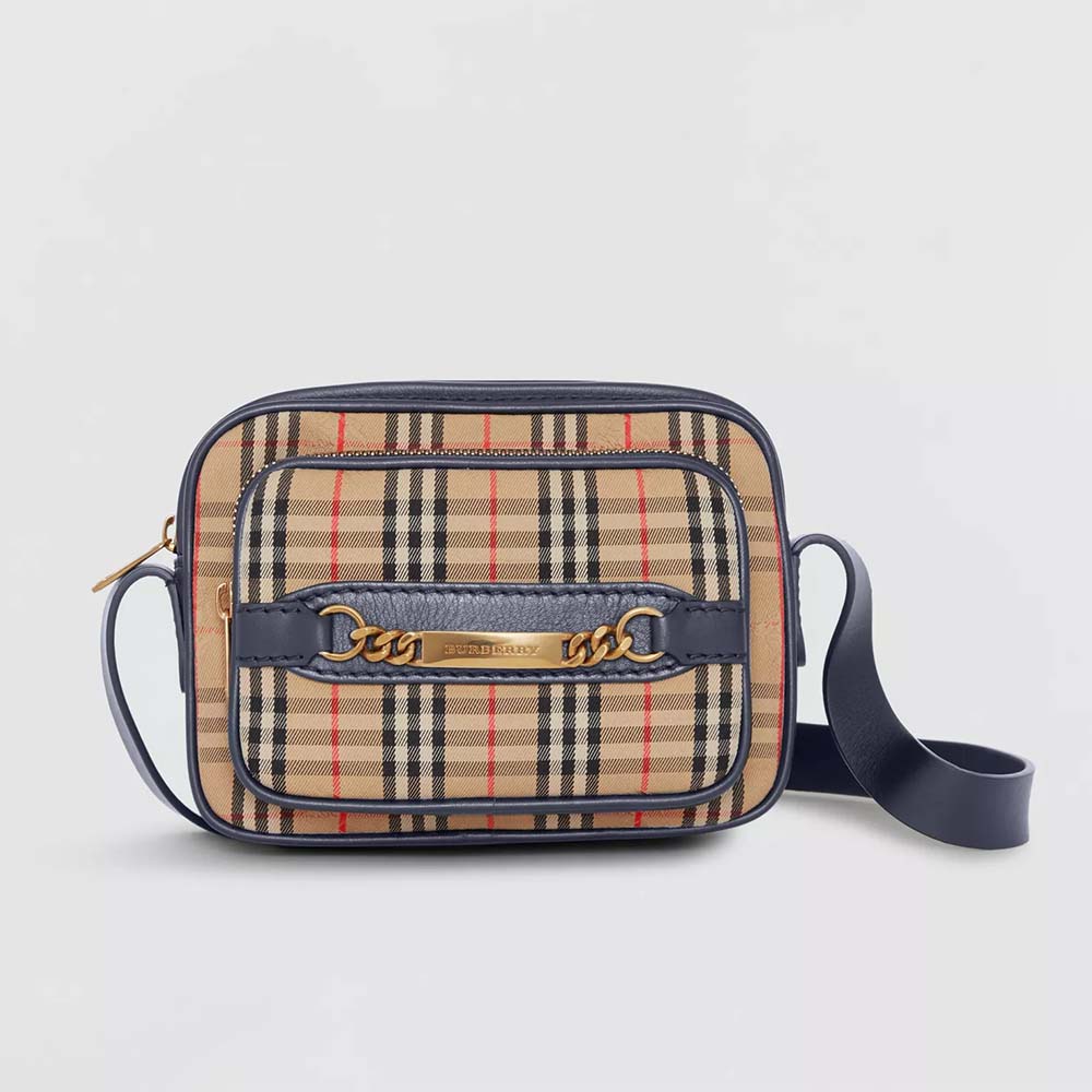 Front view of Burberry Men The 1983 Check Link Camera Bag-Blue