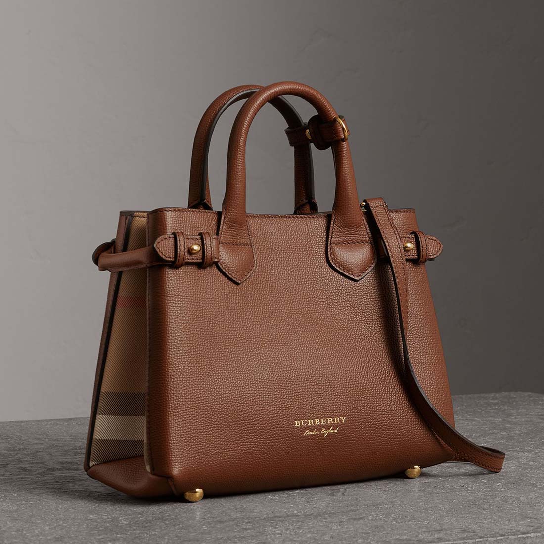 Front view of Burberry Small Banner Bag in Leather and House Check-Brown