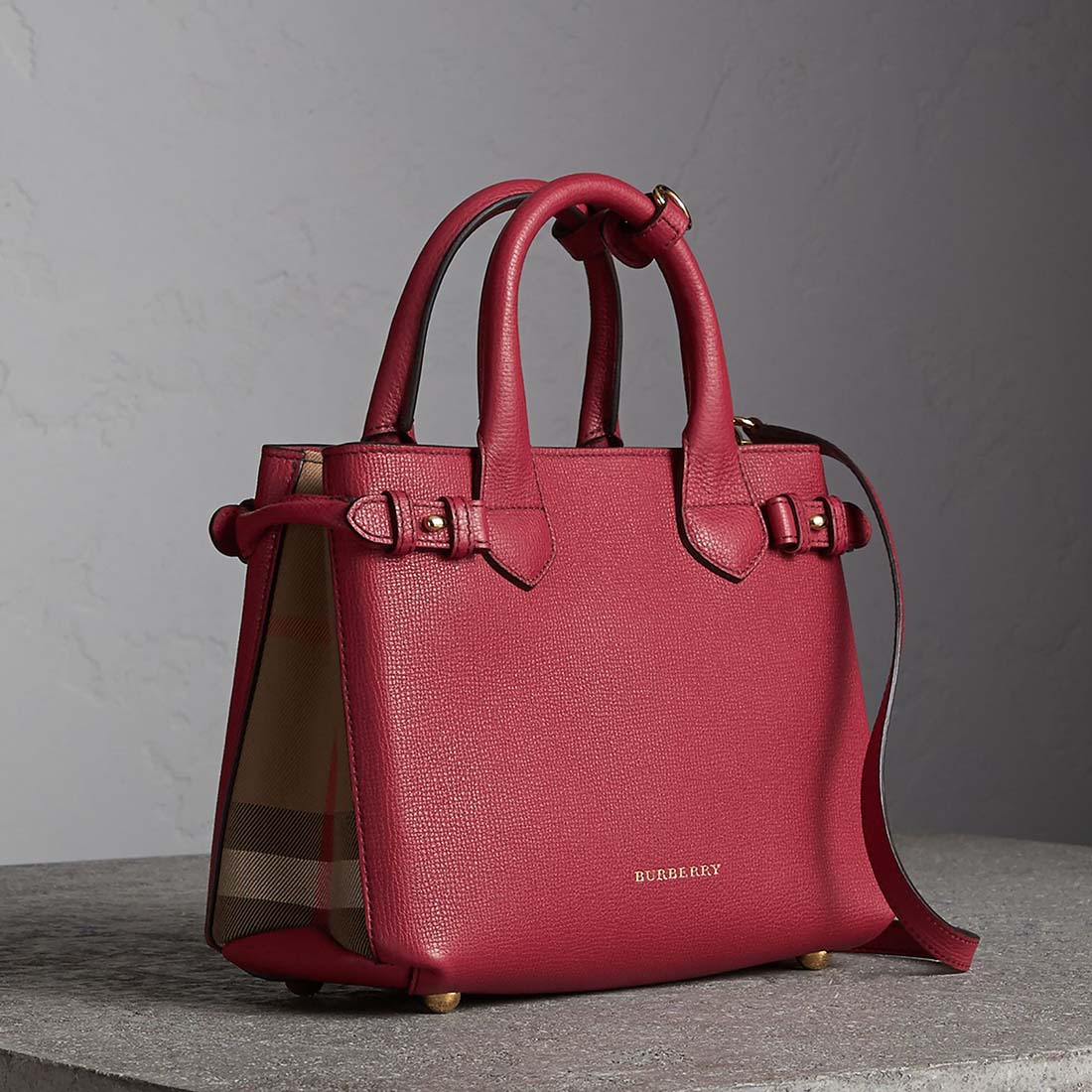 Front view of Burberry Small Banner Bag in Leather and House Check-Red