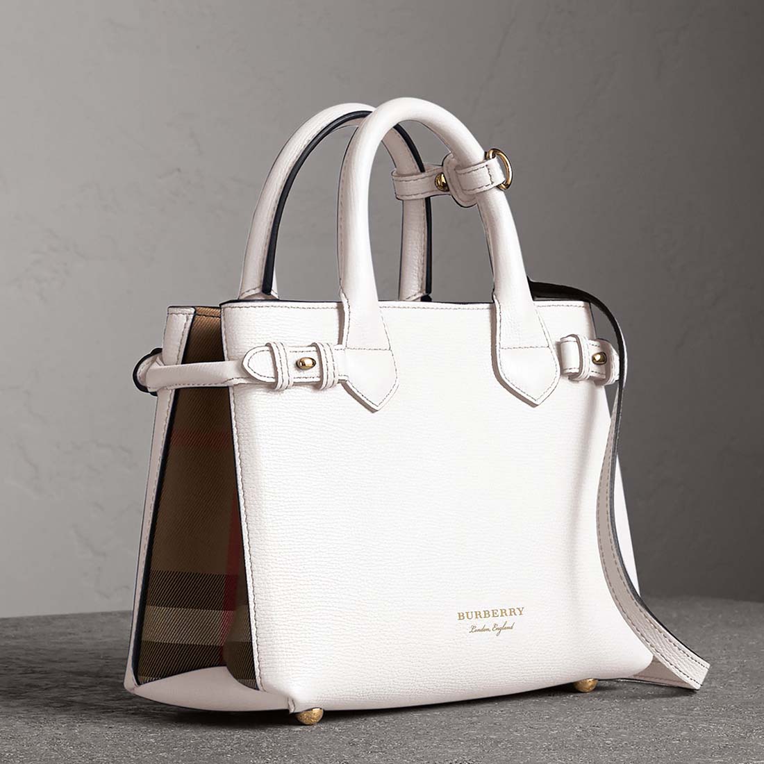 Front view of Burberry Small Banner Bag in Leather and House Check-White