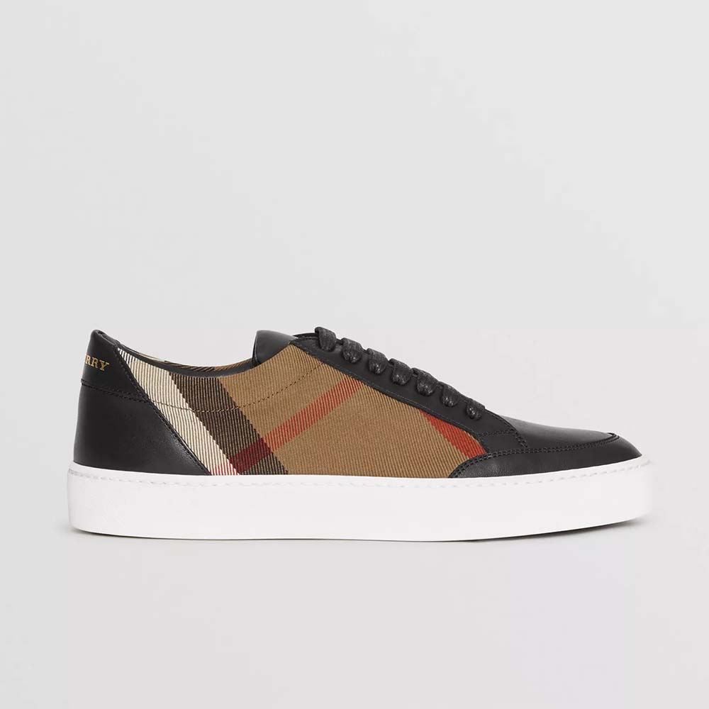 Side profile of Burberry Unisex Shoes Check Detail Leather Sneakers-Black