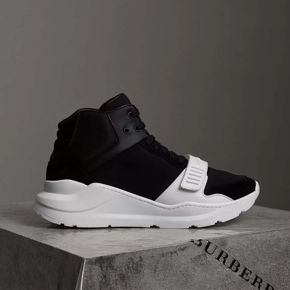 Side view of Burberry Unisex Shoes Suede and Neoprene High-Top Sneakers-Black