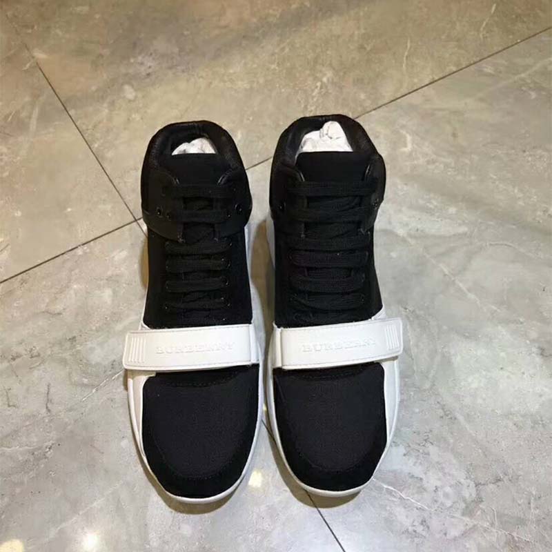 Top angle showing lace-up closure on Burberry Unisex Suede and Neoprene sneakers