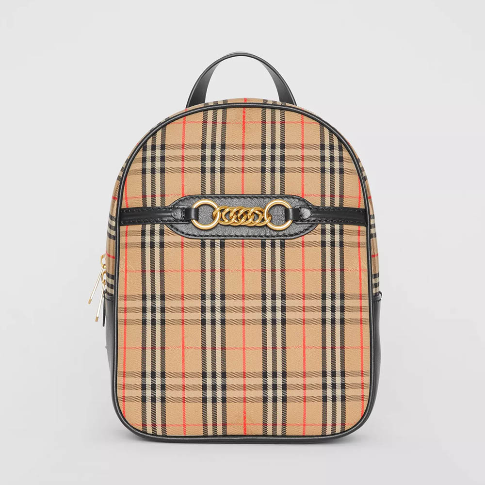 Front view of Burberry Unisex The 1983 Check Link Backpack in brown