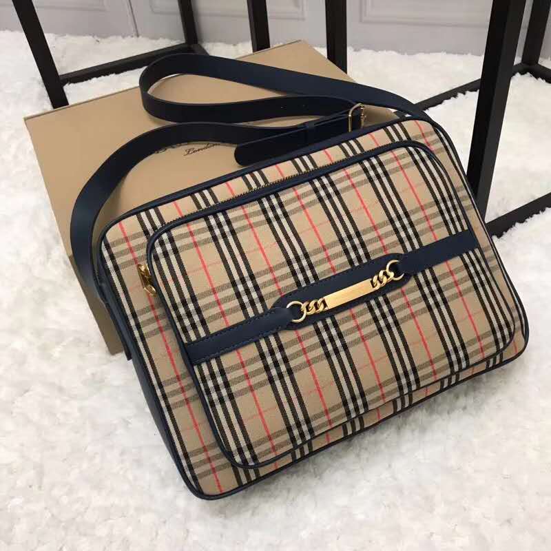 Side view showing silhouette of Burberry Unisex The Large 1983 Check Link Camera Bag-Navy