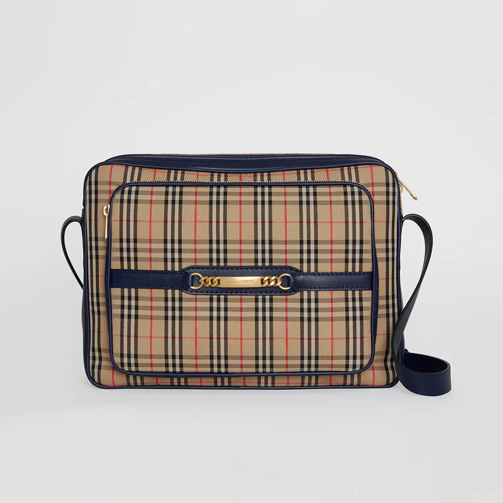 Front angle of Burberry Unisex The Large 1983 Check Link Camera Bag-Navy