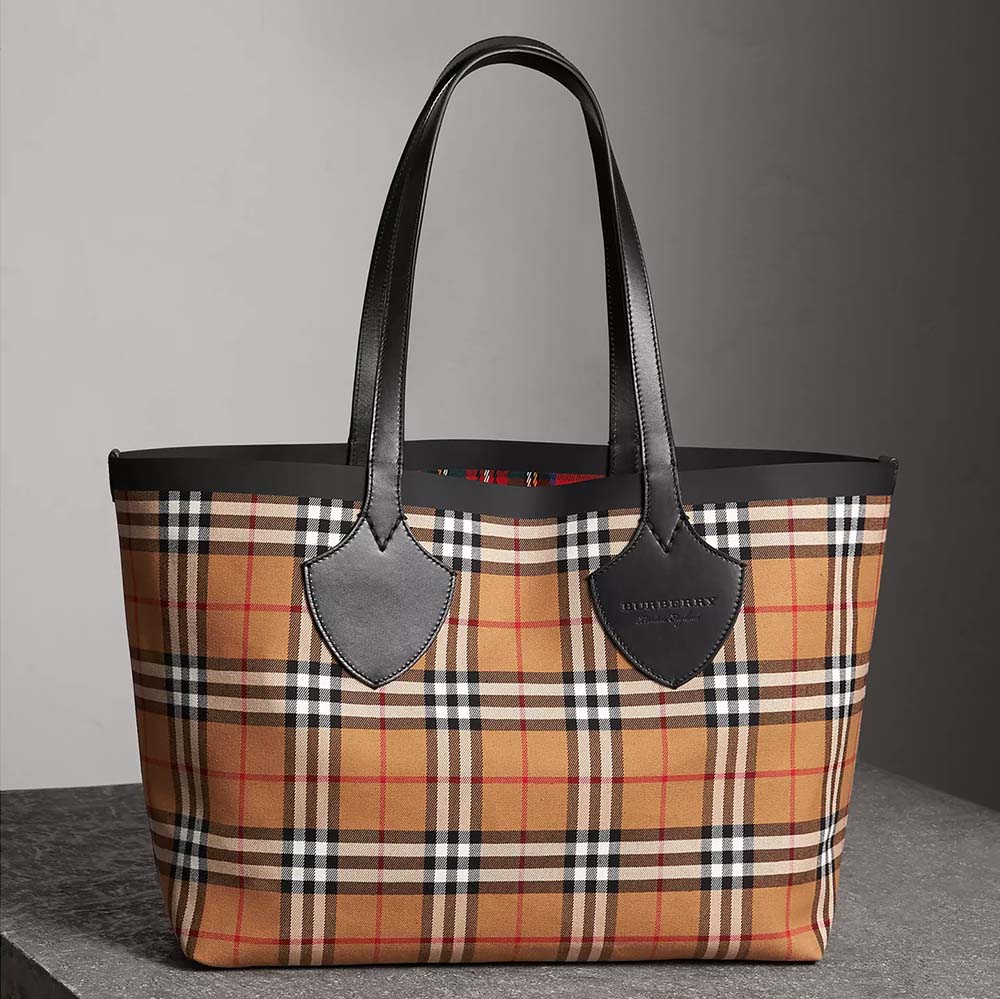 Front view of Burberry Unisex The Medium Giant Reversible Tote in Vintage Check