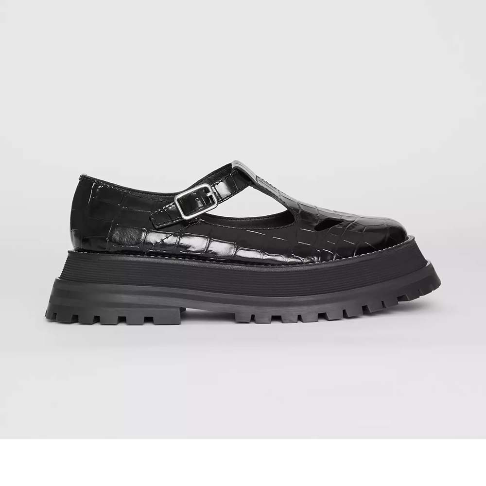 Side profile of Burberry Women Embossed Leather T-Bar Shoes Crocodile-Effect Embossed-Black
