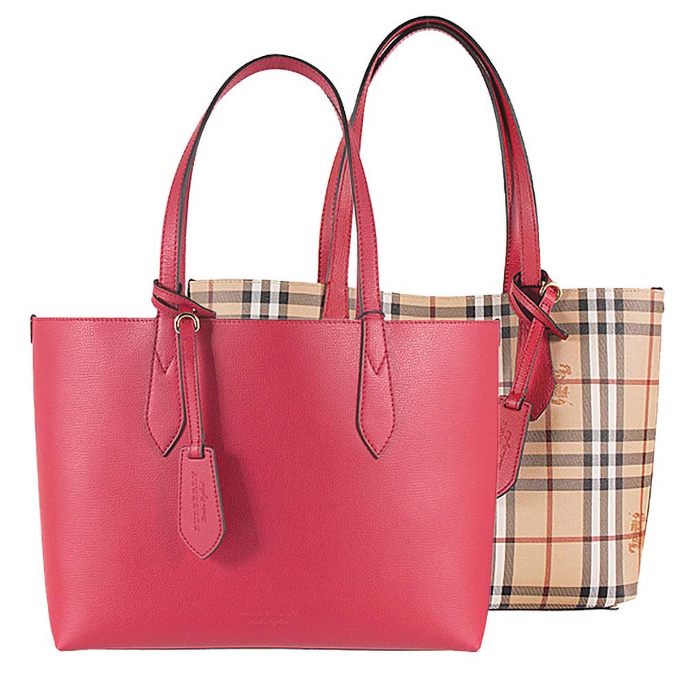 Front view of Burberry Women Embossed Leather Tote-Carmine showing embossed texture