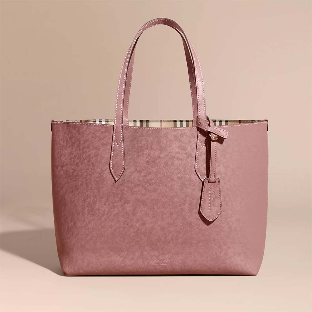Front view of Burberry Women Embossed Leather Tote-Pink highlighting silhouette