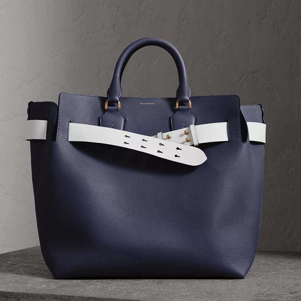 Front angle of Burberry Women Large Leather Belt Bag-Navy showing zip closure