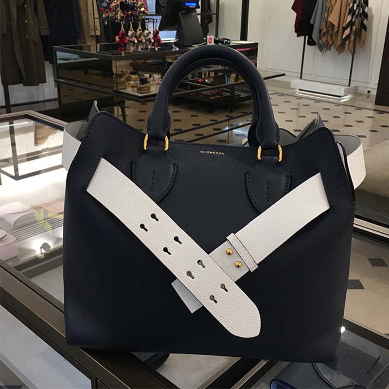 Close-up of silver hardware on Burberry Women Large Leather Belt Bag-Navy
