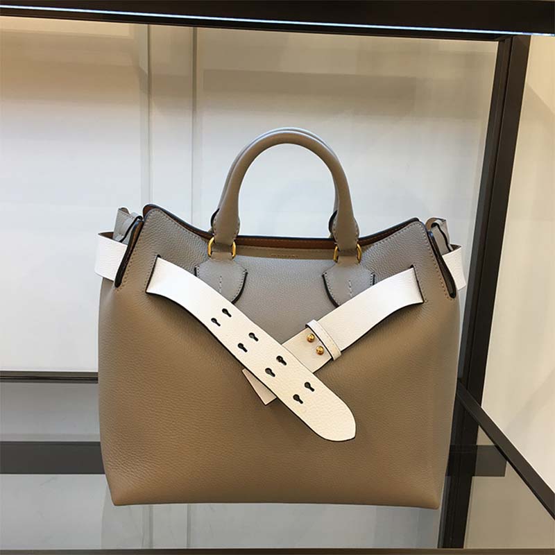 Close-up of silver-tone buckle and embossed logo on Burberry belt bag
