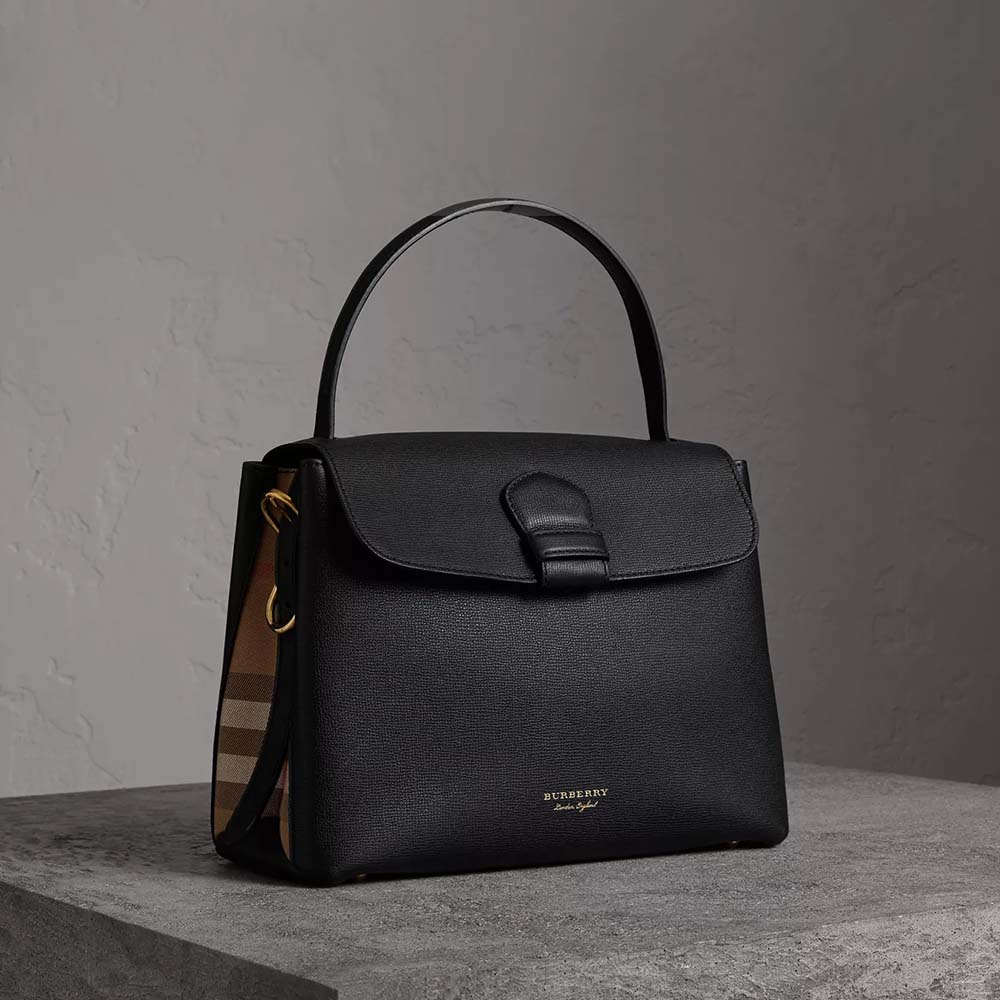 Front view of Burberry Women Medium Grainy Leather House Check Tote Bag-Black