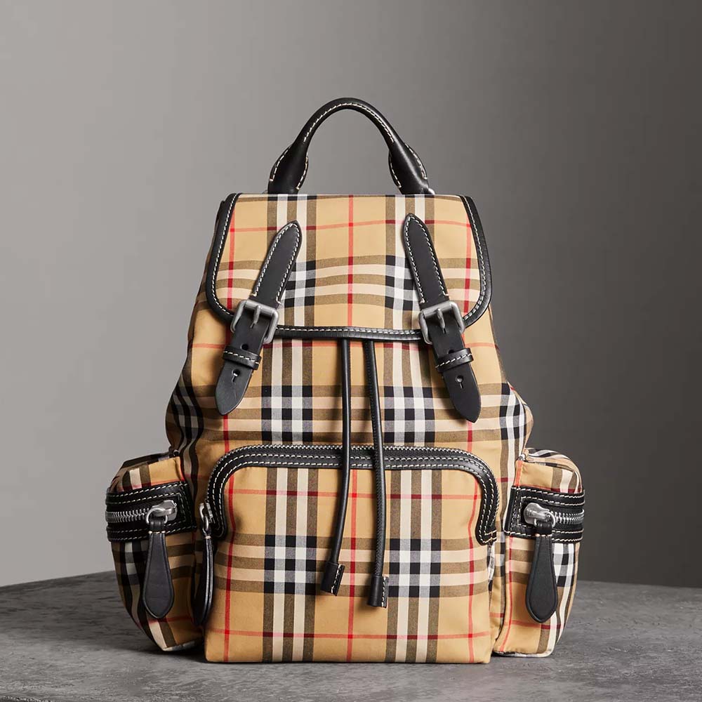 Front view of Burberry Women Medium Rucksack in Vintage Check Cotton Canvas-Sandy