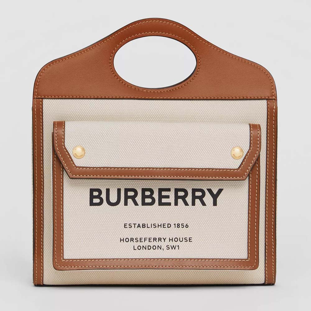 Front view of Burberry Women Mini Two-Tone Canvas and Leather Pocket-Beige
