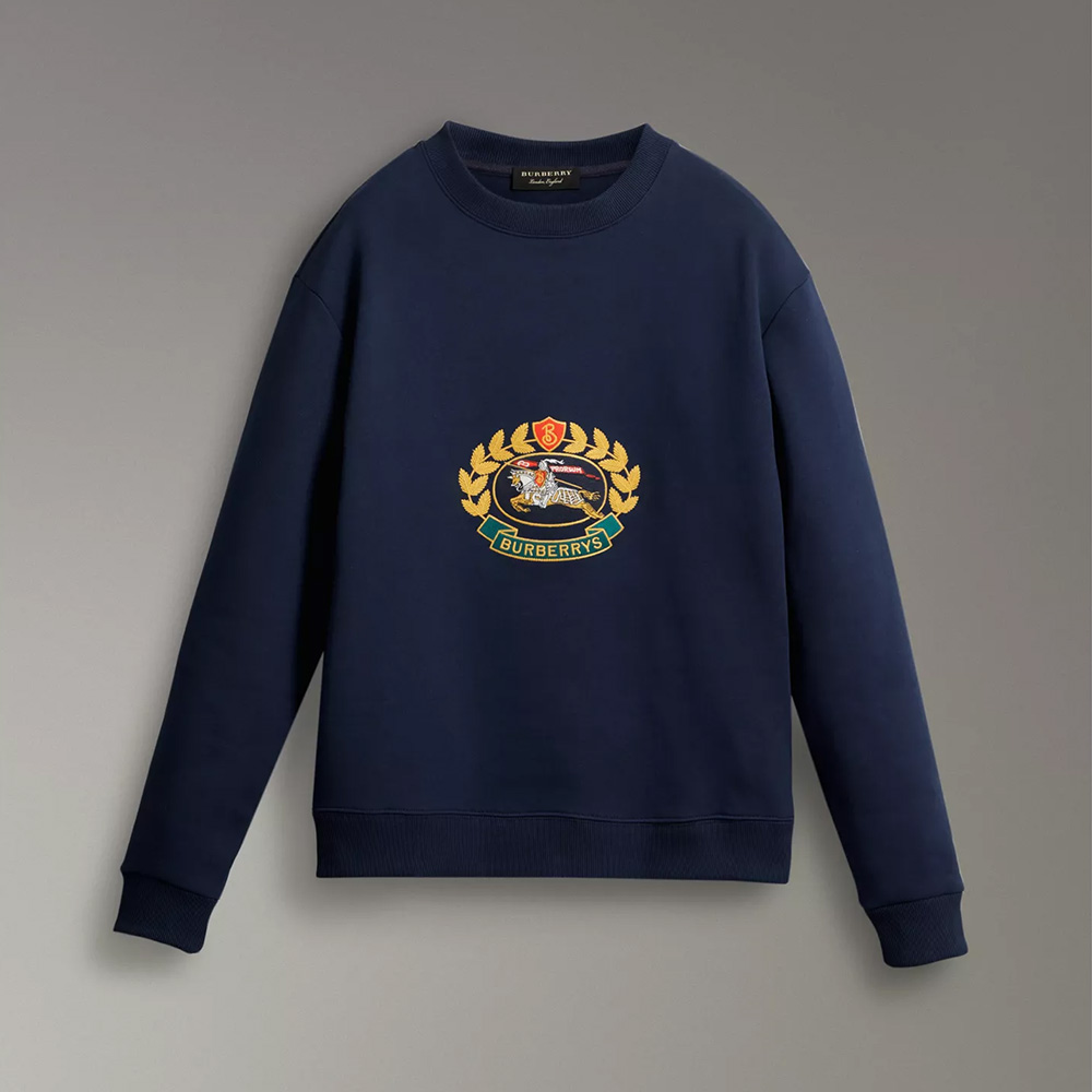 Front view of Burberry Men Reissued Jersey Sweatshirt-Navy showing logo print