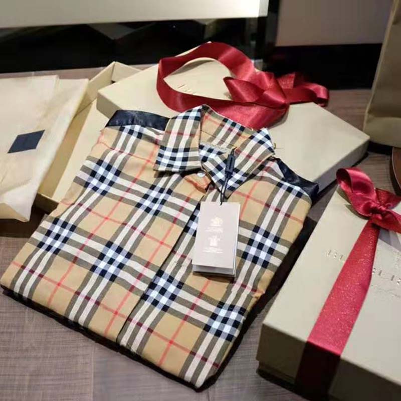 Burberry Women Satin Stripe Vintage Check Shirt-Brown - image 6